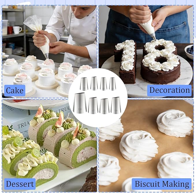 113pcs Flower Piping Tips and Bags Set, 8 Stainless Steel Petal Nozzles, 100 Disposable Pastry Bags, 3 Scrapers & 2 Bag Ties, Rose Icing Tip for Roses Bows Ruffles Cupcakes DIY Decoration