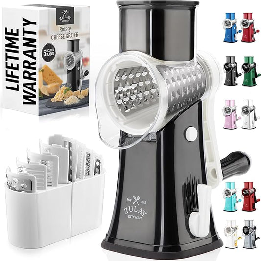 Zulay Kitchen Rotary Cheese Grater 5 Blade Cheese Shredder - Manual Hand Crank Cheese Grater With Reinforced Suction & 5 Interchangeable Drums - Easy to Use, Vegetable Chopper Round Mandoline Slicer