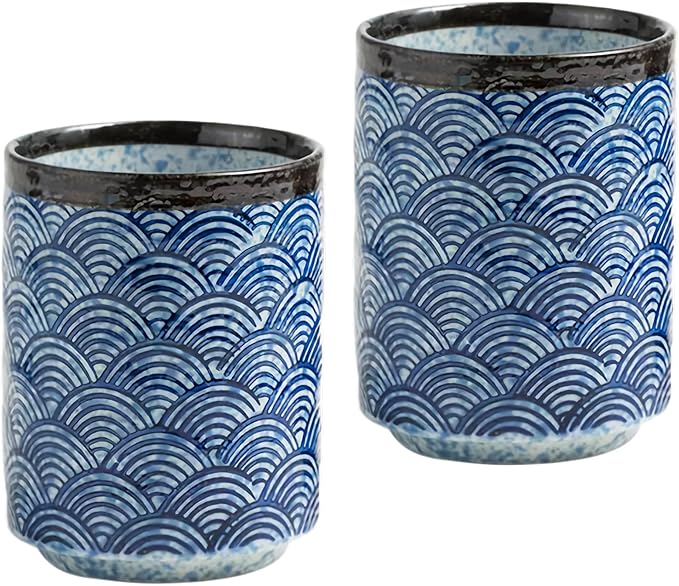 Japanese Ceramic Cup 10 oz No Handle Coffee Mug Teacups Set of 2 for All Kinds of Coffee and Drinks (Blue)