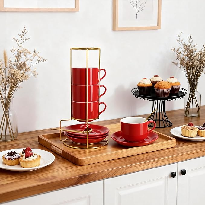 8 Ounce Cappuccino Cups Set of 4, Stackable Cappuccino Mugs, Includes Display Stand, Cups Saucers, and Spoons, for Machines & Home Use, Red, Gold Tone