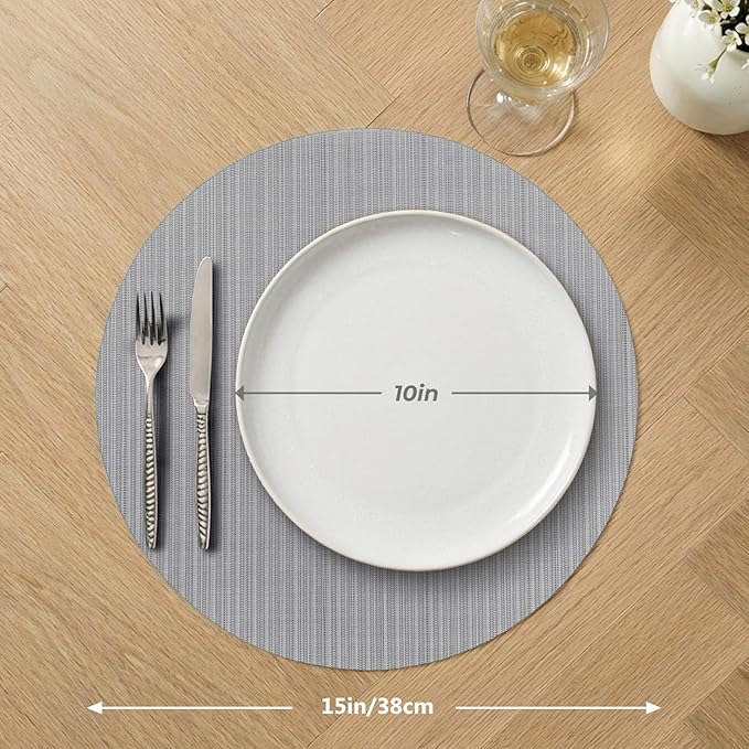 AHHFSMEI Round Placemats Set of 6 Woven Vinyl Non-Slip Heat Resistant Stain Resistant Easy Clean Place mats for Dining Table(Grey)