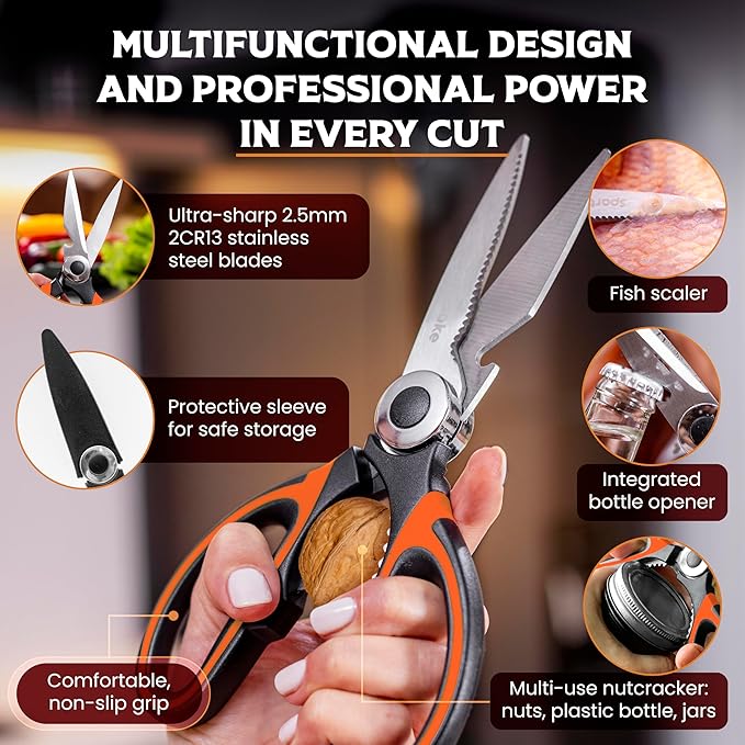 SpartaSake Premium Stainless Steel All Purpose Kitchen Shears with Sleeve - Heavy Duty Ultra Sharp kitchen Scissors for Food - Multipurpose Food Scissors for Meat Poultry Vegetable (Black-Orange)