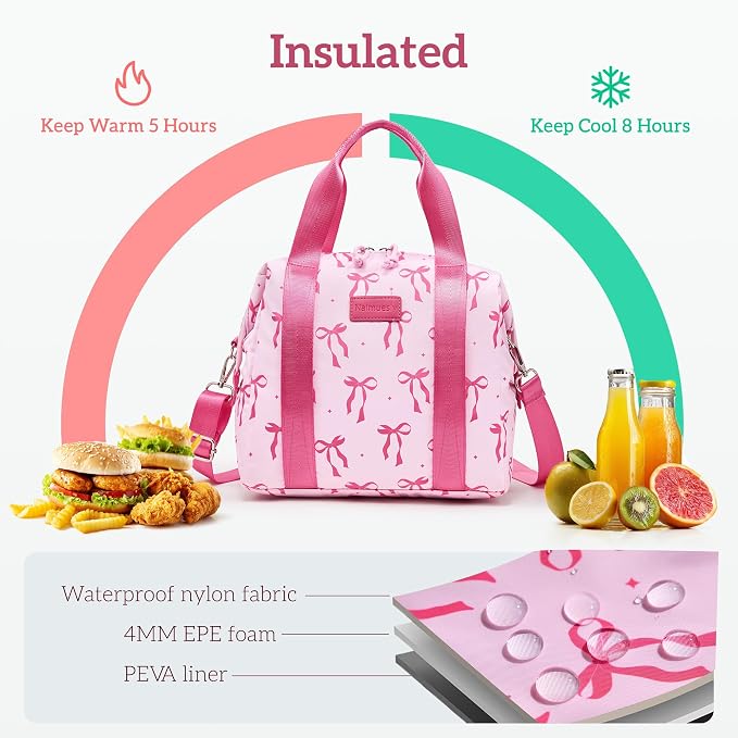 Lunch Bag Women Insulated Lunch Box,Cute Large Lunch bags,Reusable Leakproof Cooler Bag with Adjustable Shoulder Strap, Aesthetic Lunch Tote for Work Office Picnic Pink bow