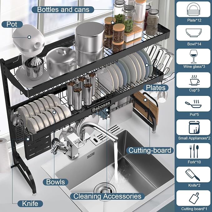 Over The Sink Dish Drying Rack,3 Tier Adjustable Length (25.5'' to 37.4'') Full Stainless Steel Large Storage Kitchen Dish Rack,for Kitchen Counter,Expandable Multifunctional Organizers,Black