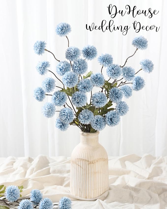 DuHouse 6pcs Artificial Flowers Faux Silk Pompon Mum,Silk Small Mini Chrysanthemum Ball with Stems for DIY Wedding Bouquets Centerpieces Vase Home Table Kitchen Decorations(Sky Blue)