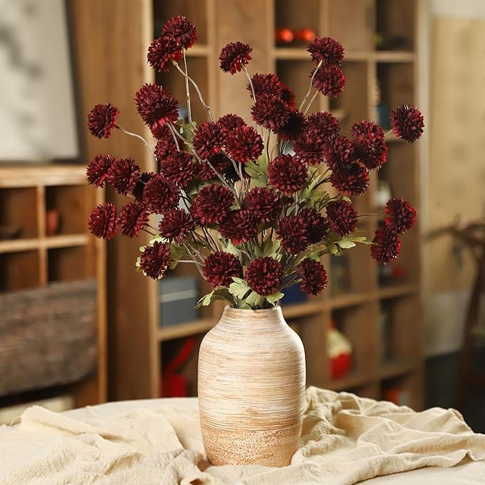 DuHouse 9pcs Artificial Flowers Faux Silk Pompon Mum,Silk Small Mini Chrysanthemum Ball with Stems for DIY Wedding Bouquets Centerpieces Vase Home Table Kitchen Decorations(Burgundy)