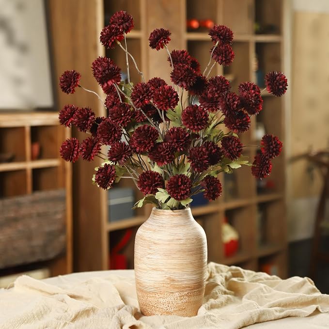 DuHouse 6pcs Artificial Flowers Faux Silk Pompon Mum,Silk Small Mini Chrysanthemum Ball with Stems for DIY Wedding Bouquets Centerpieces Vase Home Table Kitchen Decorations(Burgundy)