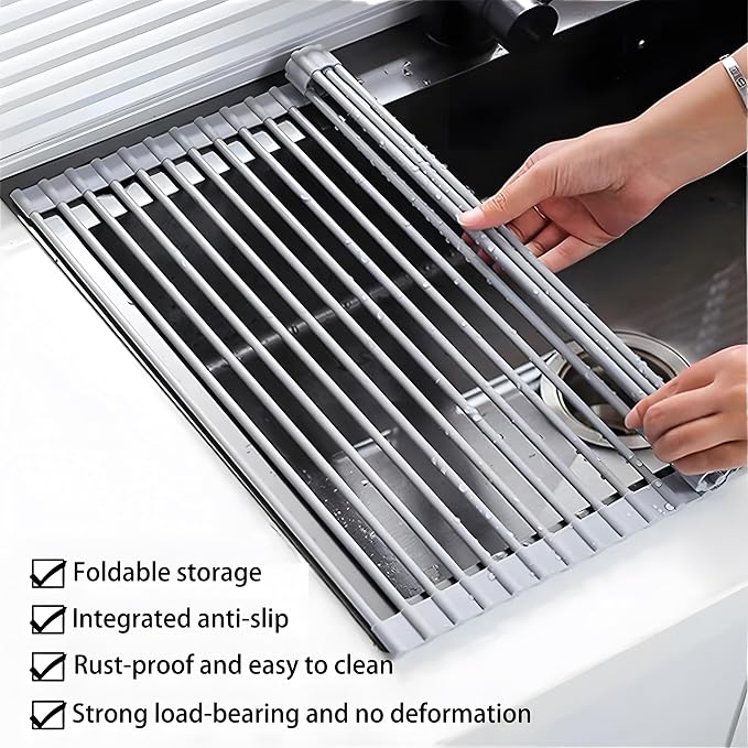 JAYWAYNE Roll Up Dish Drying Rack, Heavy Duty Stainless Steel Over The Sink Drainer, Foldable Space Saver with Heat Resistant Trivet Mat, 17.5 x 14 Inch