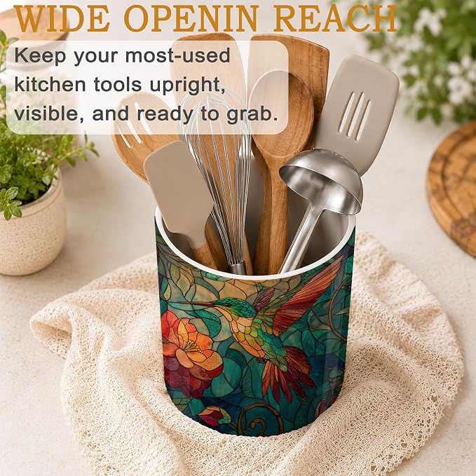 Hummingbird Kitchen Utensil Holder,Vintage Flowers Large Ceramic Utensil Crock Organizer for Spatulas,Spoons and Cooking Tools,Kitchen,Home Decoration 6.3"