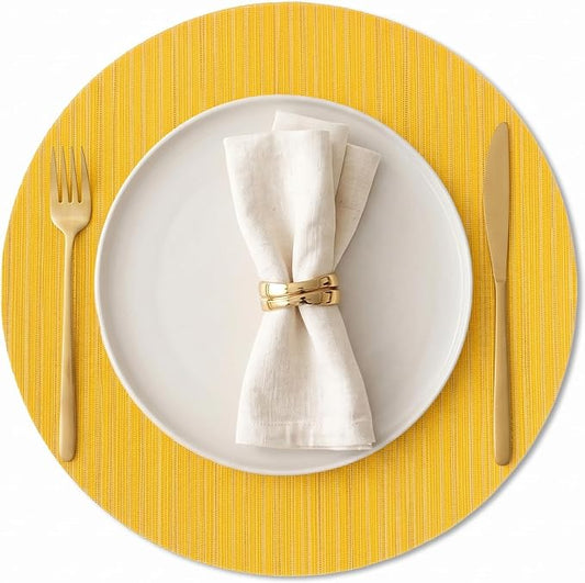 AHHFSMEI Round Placemats Set of 6 Woven Vinyl Non-Slip Heat Resistant Stain Resistant Easy Clean Place mats for Dining Tables(Yellow)