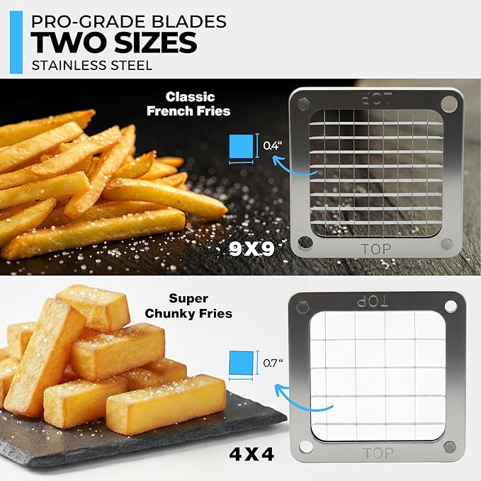 ICO Professional French Fry Cutter & Potato Cutter - Industrial Grade Vertical Potato Slicer for Regular & Sweet Potatoes - 2 Stainless Steel Blades with Universal Pusher & High-Stability Tripod Base