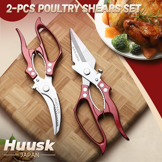 Huusk Heavy Duty Kitchen Scissors Set – All Purpose Japanese Poultry Shears for Chicken, Meat, Fish, Vegetables & Pizza with Ergonomic Non-Slip Red Handle, Gifts for Women Men