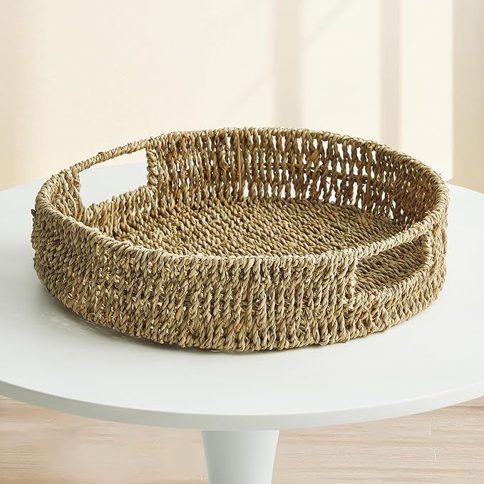 JS HANGER 13" Hand-Woven Round Rattan Serving Tray Decorative Wicker Trays with Built-in Handles for Coffee Table, Natrual Grass Storage Tray