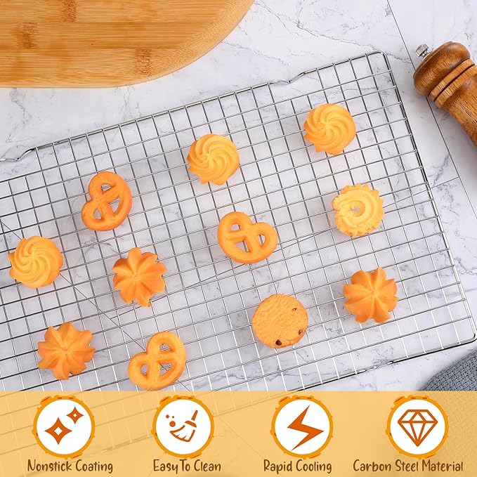 Harloon 12 Pack 16 x 9.8 Inches Nonstick Cooling Racks for Baking, Grid Wire Cookie Cooking Racks Oven Safe Carbon Steel Baking Rack Sheet Rack for Cookie Cake Grilling Drying Roasting (Silver)