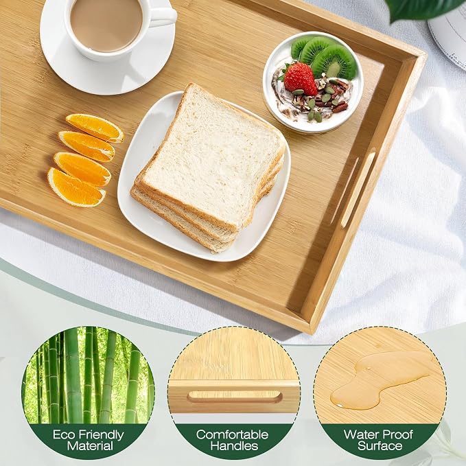 Bamboo Serving Tray with Handles, 14.6x10.2 Inch Rectangular Breakfast Tray for Eating on Couch or Bed, Modern Decorative Coffee Table Trays for Serving Food, Drink and Fruit