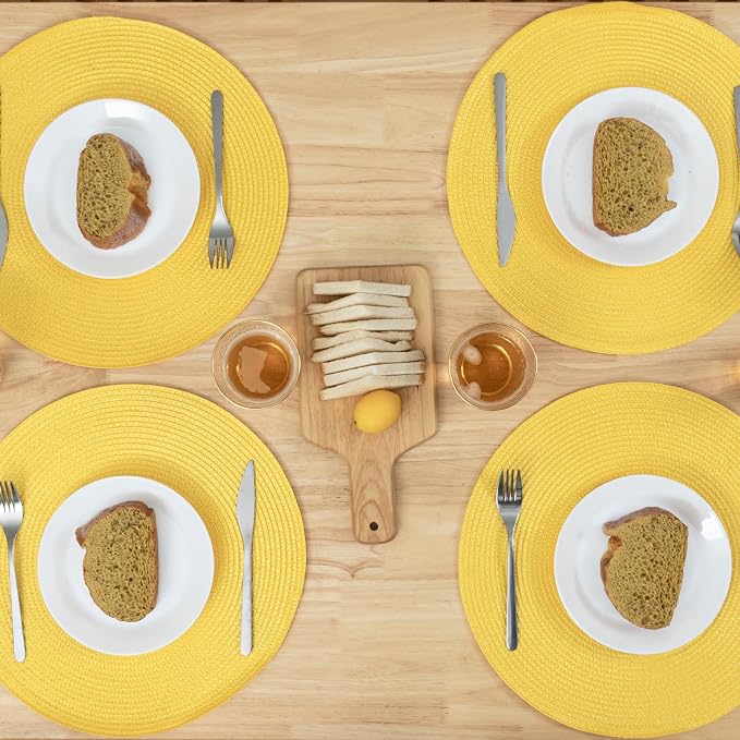 Winknowl Round Braided Placemats Set of 6 Washable Woven Heat Resistant Table Mats for Kitchen Dining Tables 15 inch Round Place Mats (Yellow,6pcs)