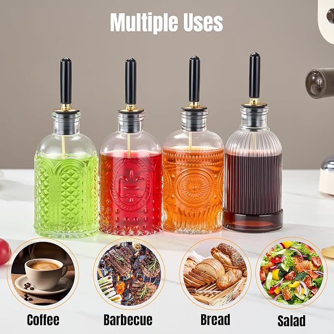 gegewawa 4pcs Glass Coffee Syrup Dispenser Bottles 7 OZ, Simple Syrup Bottles with Metal Pour Spout, Syrup Dispenser for Coffee Bar Accessories for Maple Honey Syrup Oil and Sauces