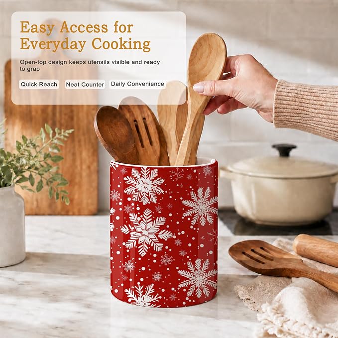Snowflakes Kitchen Utensil Holder,Christmas Large Ceramic Utensil Crock Organizer for Spatulas,Spoons and Cooking Tools,Kitchen,Home Decoration 6.3"