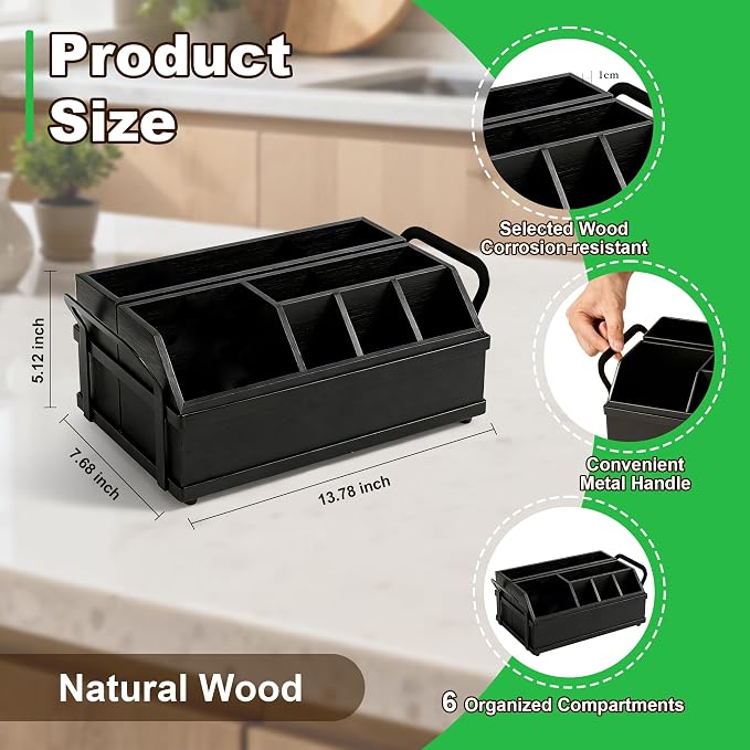 Large Kitchen Utensil Holder Caddy, 6 Compartments Wooden Utensils Organizer for Cooking Utensils, Silverware, Paper Plate, Spoon, Fork, Cutlery Storage on Kitchen Countertop for Party Hosting-Black