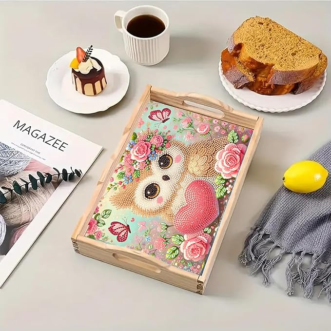 BAYUNOE DIY Diamond Serving Tray Rectangular Breakfast Tray with Handle Handmade Diamond Art Painting Wooden Tray Spring Creative Dinner Plate Coffee Room Living Home Organizer-Owl02