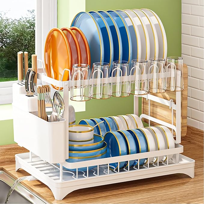 2 Tier Dish Drying Rack, Small Dish Rack for Kitchen Counter, Detachable Capacity Dish Drainer Organizer with Cutlery & Cup Holder (White)