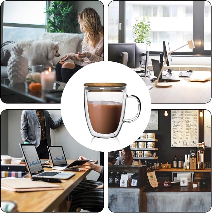 Glass Coffee Mug Double-walled Borosilicate Glass Cup for Hot or Iced Coffee, Milk, Tea (16 Oz Bamboo Lid)