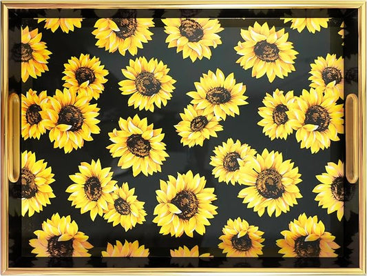 Sunflower Black Decorative Tray Set of 2, Plastic Serving Tray with Handles, Rectangular Coffee Table Tray, Nesting Trays for Living Room, Bathroom, Ottoman