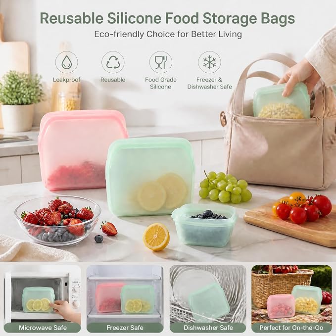STHF Everbag Reusable Silicone Food Storage Bags — Leak‑Proof, Upright Freezer & Sous‑Vide Safe, Odor‑Proof, High‑Temperature Resistant Food Storage Bags