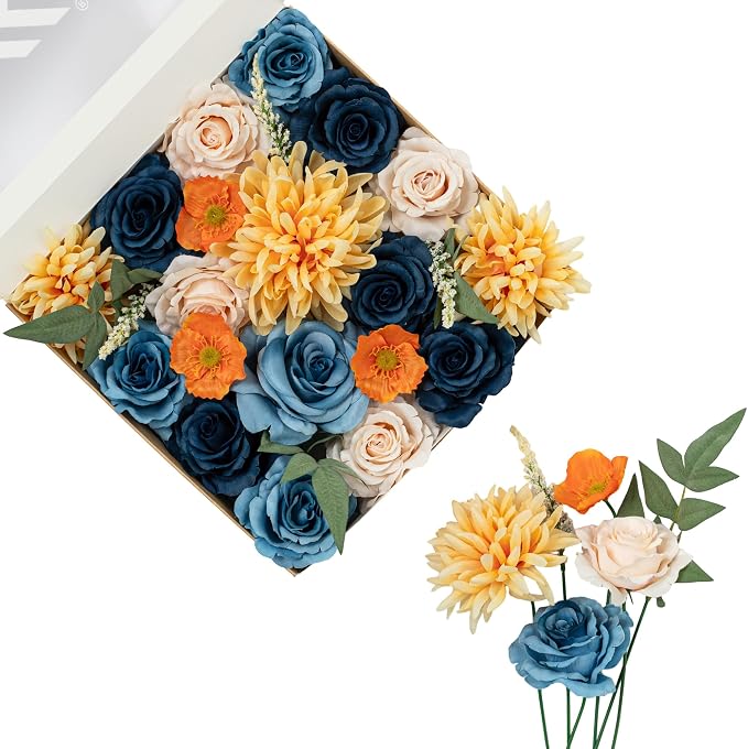 FANKO Artificial Flowers for DIY, Blue Peach Orange Yellow Faux Flowers Bouquet, Colorful Fake Rose Daisy Poppy Silk Flowers for Vase, Home Decor, Garland, Summer Wedding, Birthday, Party