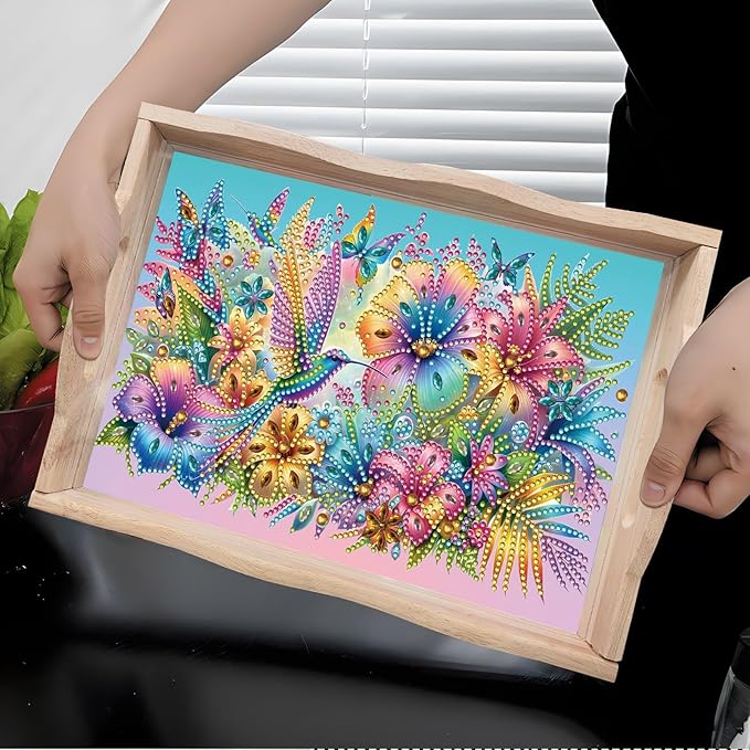 BAYUNOE 2Pcs DIY Diamond Serving Tray Rectangular Breakfast Tray with Handle Handmade Diamond Art Painting Wooden Tray Spring Creative Dinner Plate Coffee Room Living Home Organizer-02