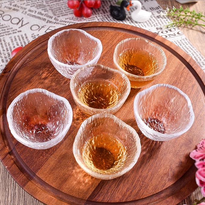 Glass Shot Cups Set of 6-1.7oz Hammered Texture Tasting Glasses for Sake, Espresso & Whiskey - Small 50ml Clear Spirit Glassware for Home Bar, Mini Tea Cups, Artisanal Barware Set
