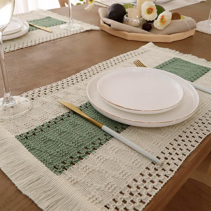 Green Placemats Set of 6 Macrame Table Decor with Fringe Boho Farmhouse Woven Table Placemats in Natural Burlap for Kitchen and Dining Table Centerpiece Home Decorations