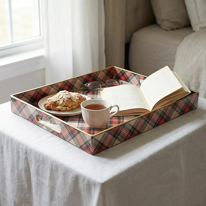 Rectangular Decorative Tray with Handles, Plastic Serving Tray for Living Room, Home Decor, Christmas，15.7" x 11.8" Red Plaid