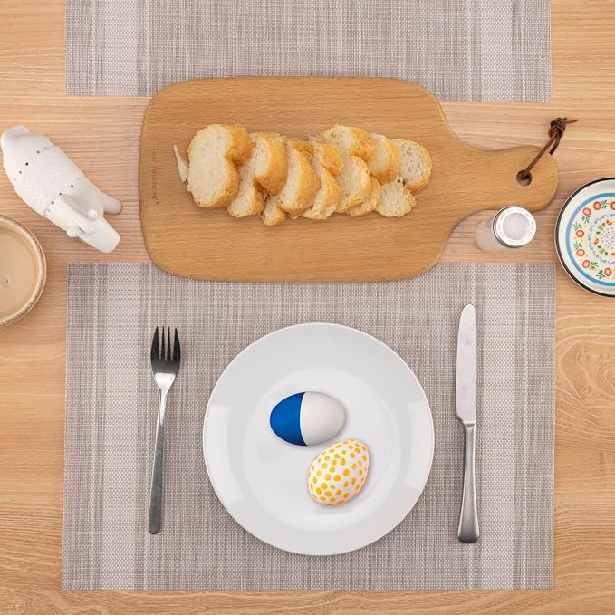 Winknowl Placemats Set of 6, Heat Resistant Non-Slip Vinyl Woven Table Mats for Dining Table, Washable Durable Elegant Place Mats for Kitchen Indoor/Outdoor Use (Beige White)