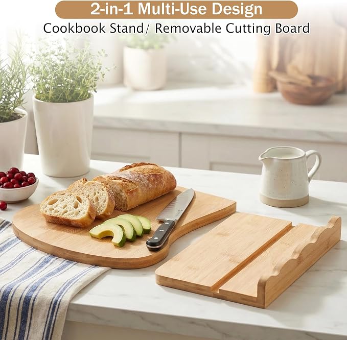 Scalloped Bamboo Cookbook Stand with Removable Cutting Board, Adjustable Recipe Holder & Charcuterie Board, 2-in-1 Kitchen Counter Decor and Serving Tray