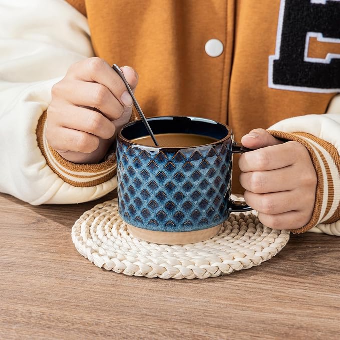GBhome 12 OZ Stackable Coffee Mugs, Ceramic Coffee Mugs with Texture Patterns for Man,Woman,Dad,Mom, Modern Coffee Mugs Set of 4 for Latte/Cappuccino/Cocoa. Dishwasher&Microwave Safe