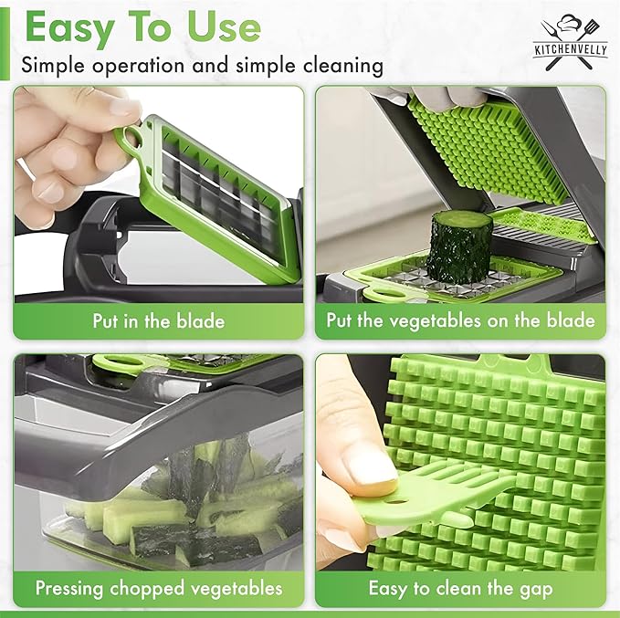Vegetable Chopper 16 in 1 with Container, Veggie Chopper Food Chopper and Dicer, Onion Chopper Vegetable Cutter with 8 Stainless Steel Blades, Easy Meal Prep Kitchen Tool, Green