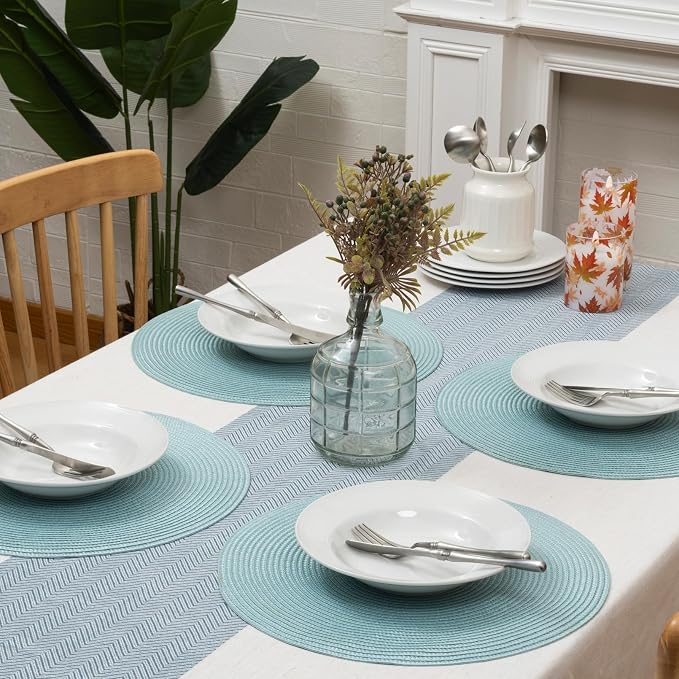 Winknowl 15 Inch Round Braided Placemats Set of 4, Washable Cotton Polyester Table Mats, Heat Resistant Non-Slip Place Mats for Kitchen Dining Table Decor (Light Blue,4pcs)