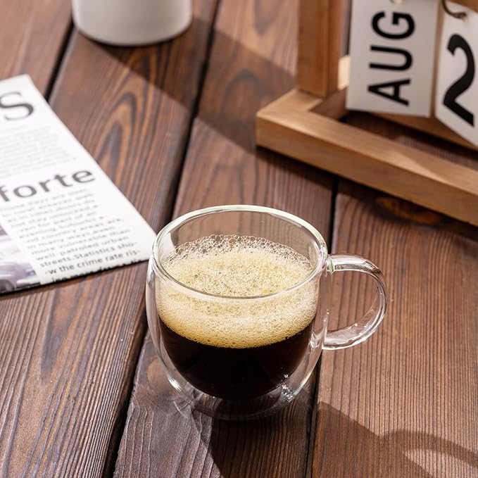 Double Wall Glass Espresso Cups 5oz/150ml, A set of 2, Thermo Insulated Borosilicate Glass Cups with Handle