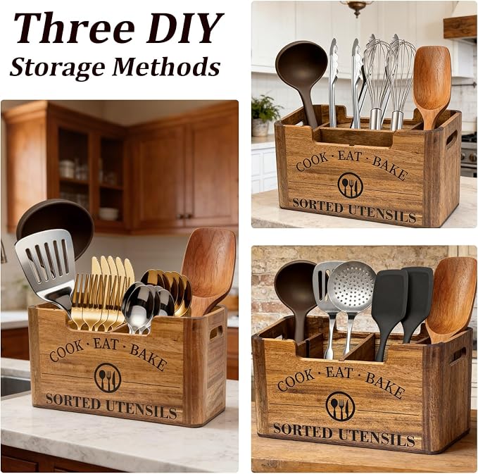 2-in-1 Acacia Wood Kitchen Utensil Holder, Large Farmhouse Countertop Storage with Removable Silverware Caddy, Rustic Wooden Cooking Container for Counter, Island & Dining Room
