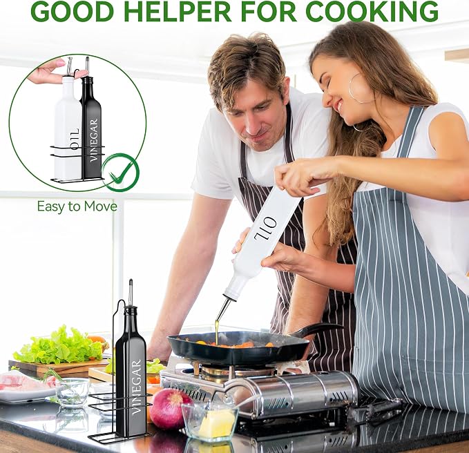 Vakoo Oil and Vinegar Dispenser Set - 17oz/500ml, Extra Thick Glass, Leak-Proof, Olive Oil Dispenser Bottle for Kitchen (White Black)