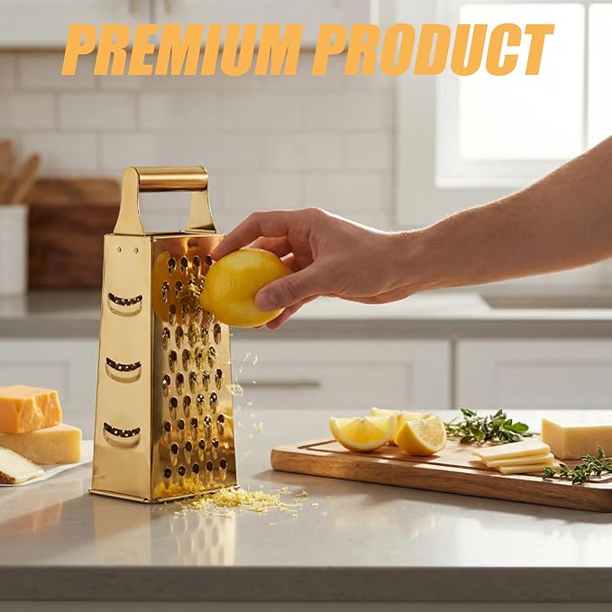 Box Grater 4pcs Set - Gold Color with Container, Stainless Steel Garlic Press、Corn Peeler & Peelers for Fruits, Vegetables,box cheese grater stainless steel