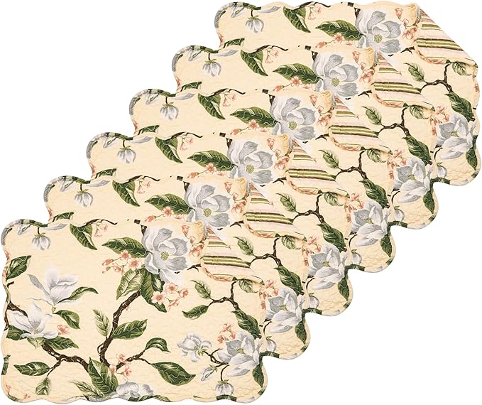 C&F Home Esther 100% Cotton Quilted Vintage Set of 6 Placemats 13" x 19" Spring Springtime Garden Floral Flowers Home Kitchen Dining Dinner Machine Wash Reversible Decor Decoration 13" x 19" Yellow &