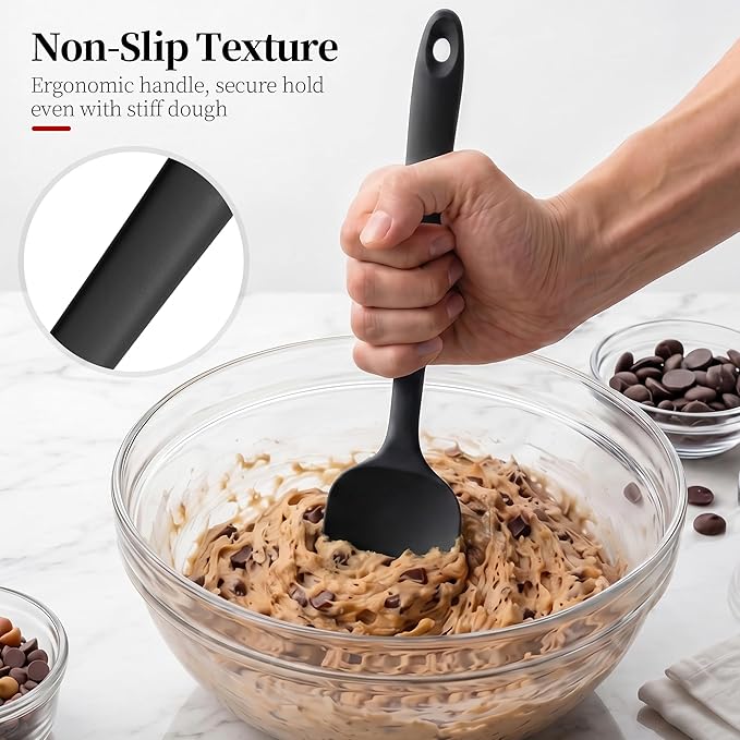 600ºF Heat Resistant Spatula, 11.34 inch High Heat Food Safe Semless Kitchen Silicone Spoon Spoonula Scraper for Cooking Baking Mixing Scraping Stirring Nonstick Cookware Pan Bowl (Black)