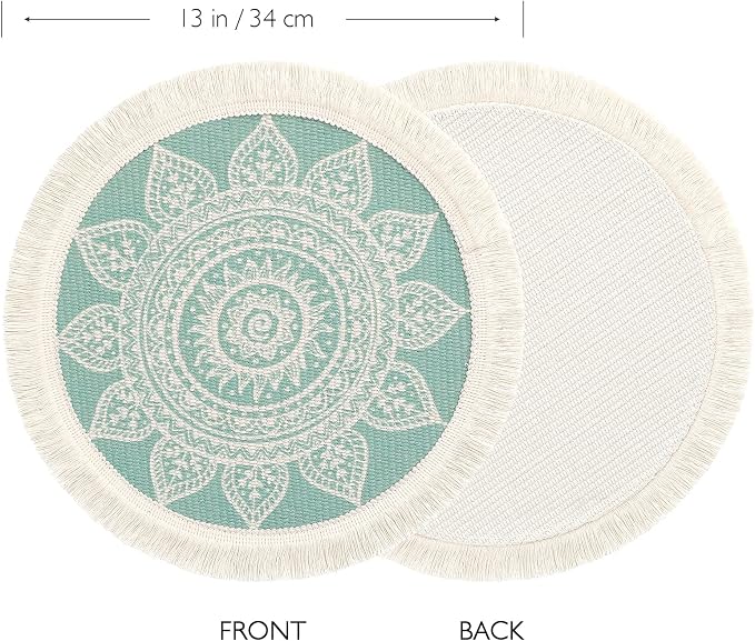 LOMOHOO Set of 4 Round Placemats 13 Inch Table Mats Boho Cotton Woven Mandala Tassels Heat Proof Washable Circle Place Mat for Kitchen Dining Wedding Farmhouse Home Decoration Colorful-4pcs
