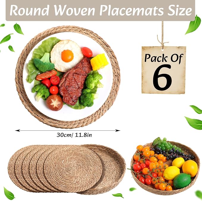 Boho Placemats 4/6/8 Set of Round Woven Placemat Macrame Style Bicolor Stitching Long Table Runner Farmhouse Rustic Natural Burlap Cotton for Kitchen Dining Table(6 Sets,Beige,12x72)