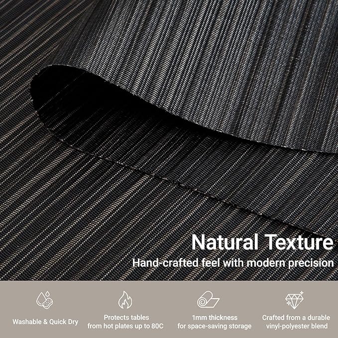 AHHFSMEI Placemats Set of 6 Woven Vinyl Non-Slip Heat Resistant Stain Resistant Easy Clean Place mats for Dining Table(Black)