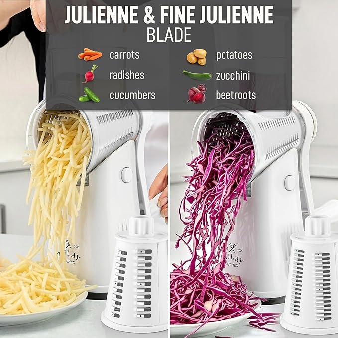 Zulay Kitchen Rotary Cheese Grater 5 Blade Cheese Shredder - Manual Hand Crank Cheese Grater With Reinforced Suction & 5 Interchangeable Drums - Easy to Use, Vegetable Chopper Round Mandoline Slicer
