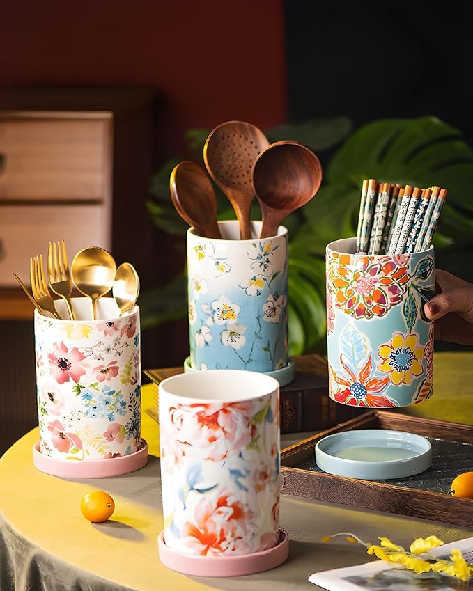 Utensil Holder for Kitchen Counter, Large Ceramic Utensil Holder Crock with Drain Tray, Hand-Painted Floral Rustic Farmhouse Kitchen Crock, Perfect for Women, Christmas, Hostess Gifts & Fall Decor