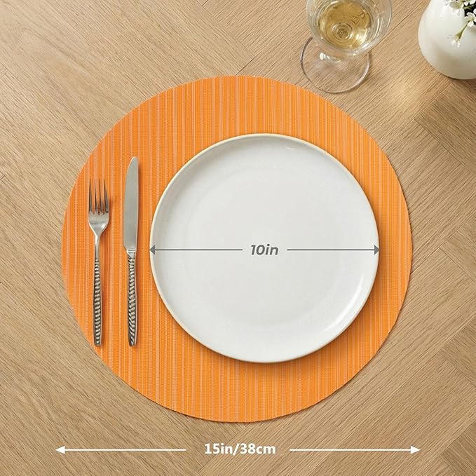 AHHFSMEI Round Placemats Set of 6 Woven Vinyl Non-Slip Heat Resistant Stain Resistant Easy Clean Place mats for Dining Table(Orange)
